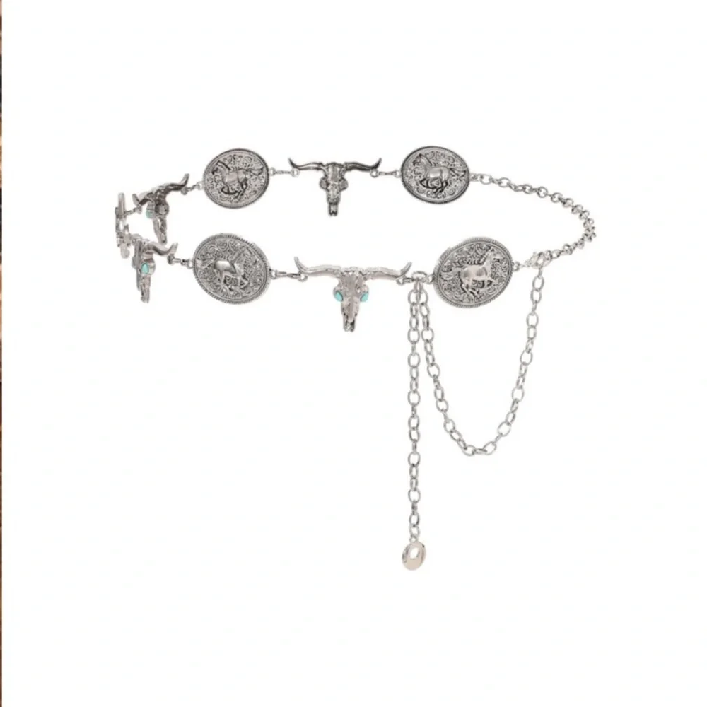 Western Concho Chain Belt Silver Cow Skull Longhorn Boho Cowgirl